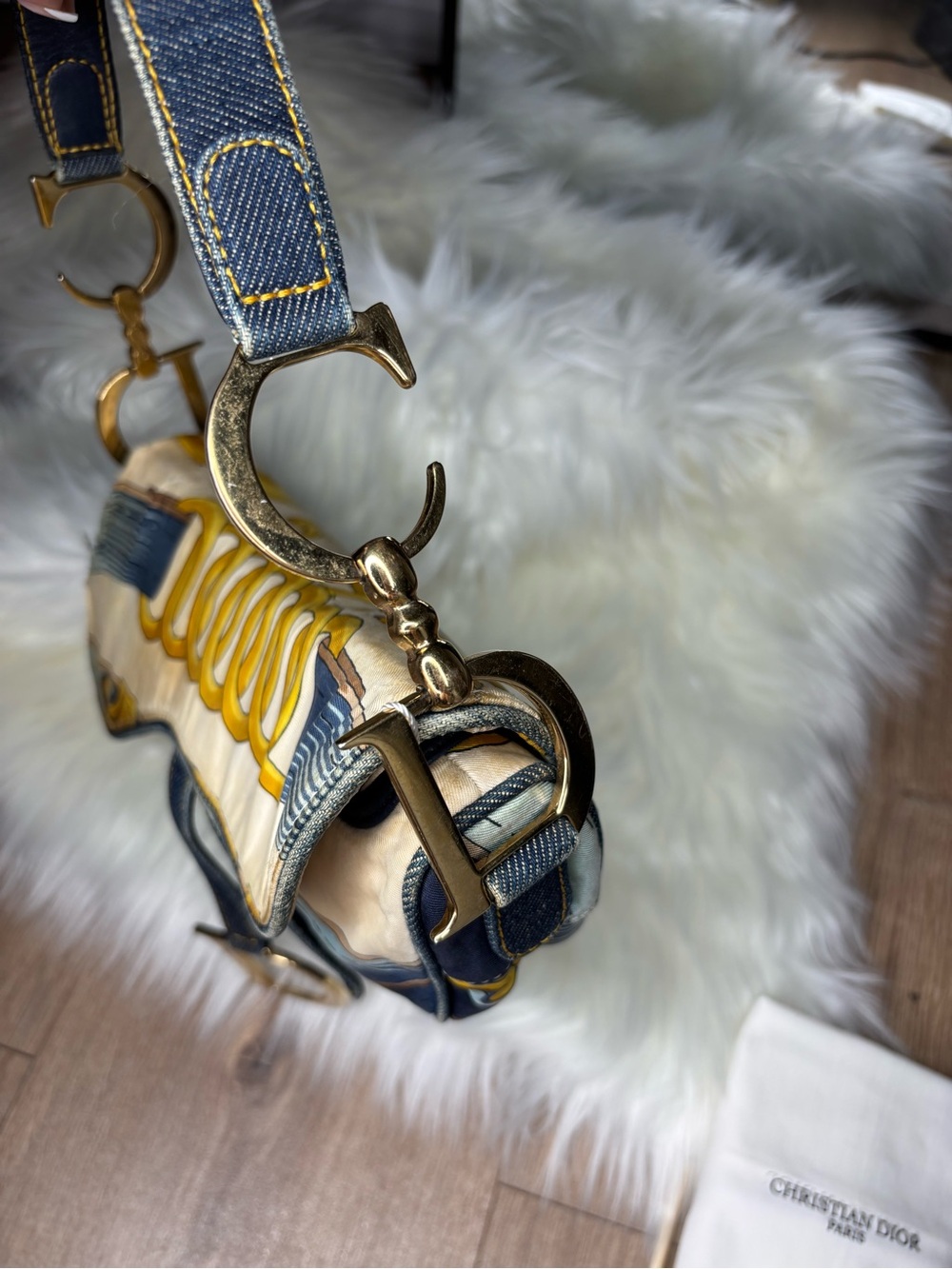 💙 RARE✨ Dior Blue Saddle Satin Chain Print Bag - Picture 12 of 17